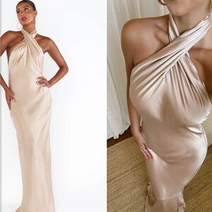 Show Me Your MuMu: Halter Neck Satin Dress in Cream/Champagne (M)